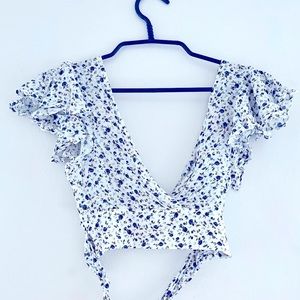 Deep V Ruffle Sleeve Crop Tie Top